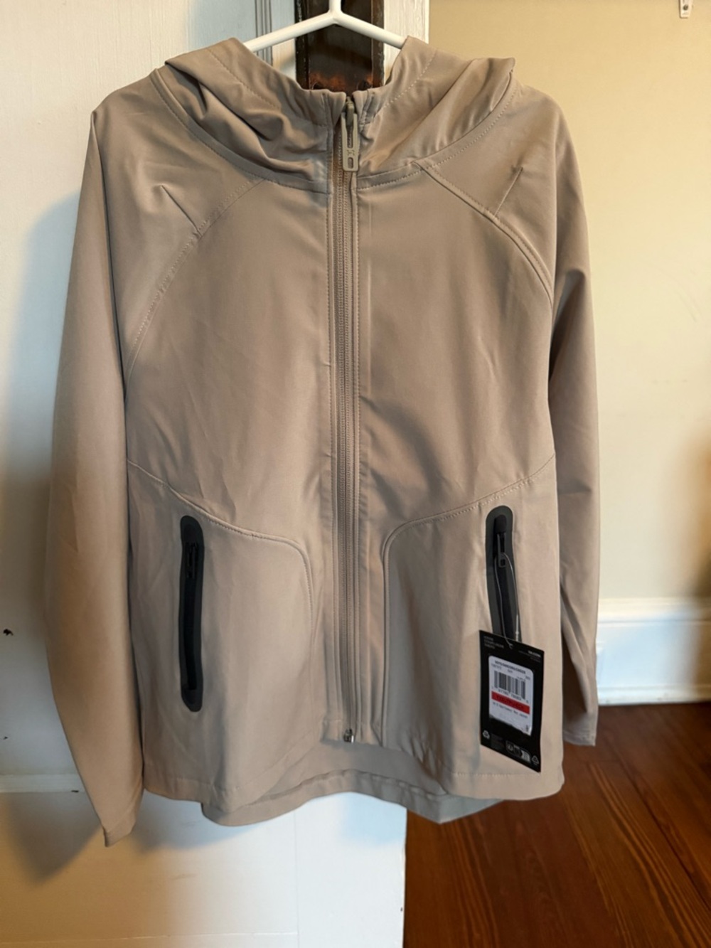 Light Taupe Hooded Softshell Jacket with Zip Pockets
